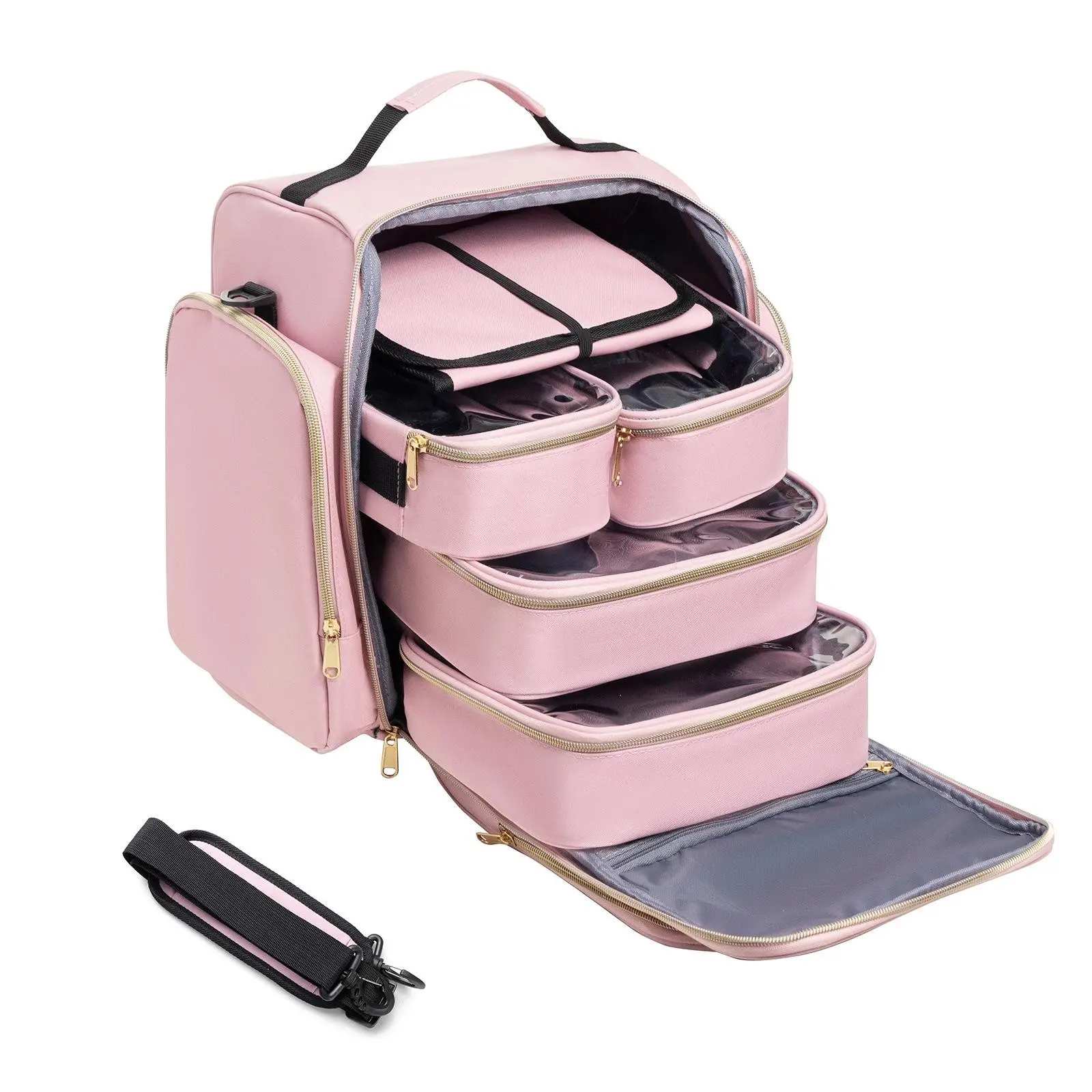Makeup Storage Bag, 4 Detachable Makeup Bags & 1 Jewelry Roll Bag, Multiple Storage Bags for Easy Travel, Removable Separate Makeup Bags, Cosmetic