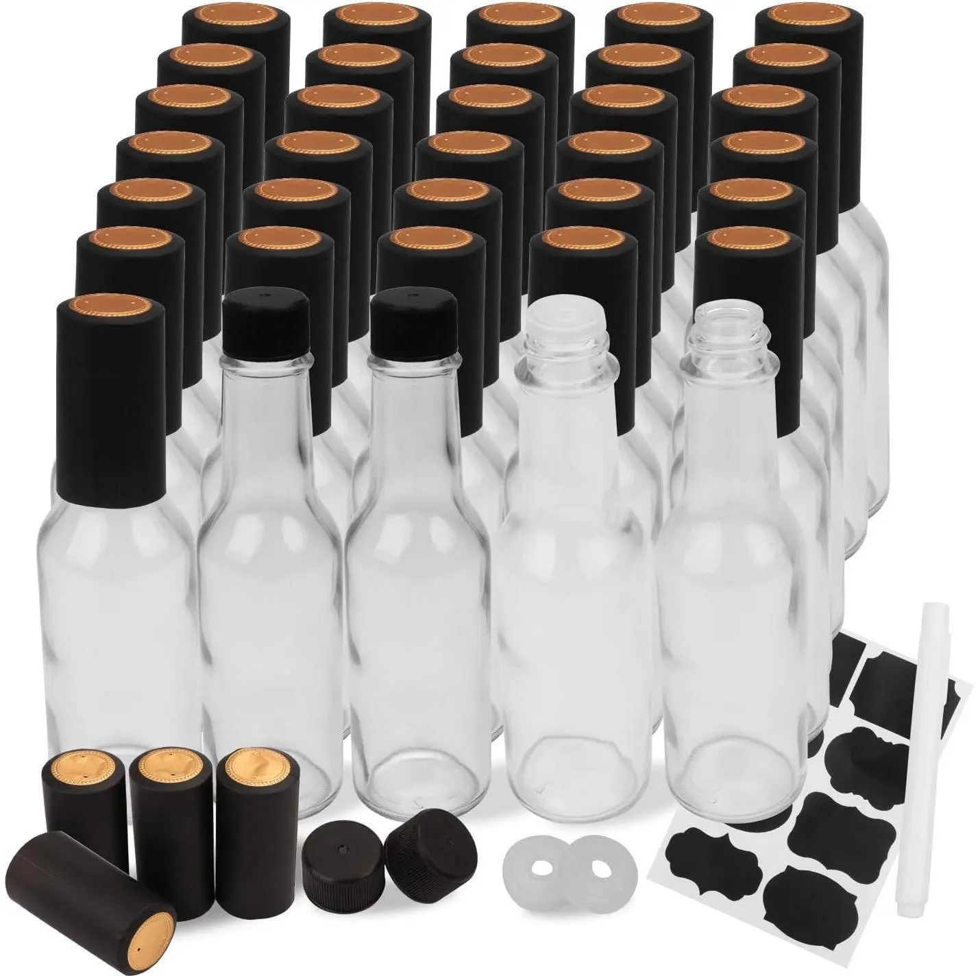 35 Pack 5oz Hot Sauce Bottles with Lids,Glass Woozy Bottles with Dripper Inserts and Shrink Capsules,Small Glass Wine Bottle for Homemade Sauces,Oils,Vanilla Extracts,Dressings,Gifting