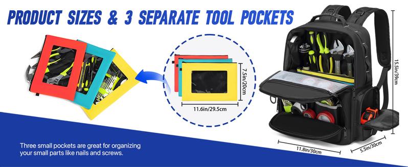 Tool Backpack,Heavy Duty Tool Bags for Men,Tool Storage Organizer Bag With 3 Tool Pouches for Electrician/Industrial/Construction/Tactical/Hvac Techs/Repairman Work