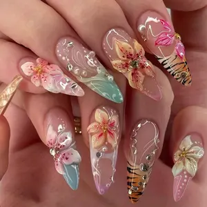 24pcs Long Pointed Wearable Nails, Hand-Painted Tropical Flowers Tiger Stripes Coconut Leaves Pearl Rhinestones, DIY Nail Art Stickers, Nail Decoration