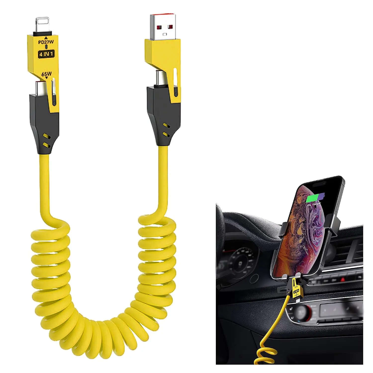 4-in-1 Spring    4-Foot 65-watt Winding  USB Data  for  Phones, laptops, etc.   Design,  and Type-c Interface. (Yellow)