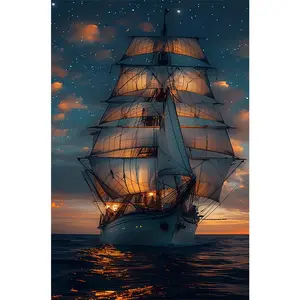 2d flat painting 5D DIY Diamond Painting Kit with Round Diamonds Full Drill Including Tools Sparkling Night Sailboat Design for Home Wall Decor Living Room Bedroom Decoration Gift Idea