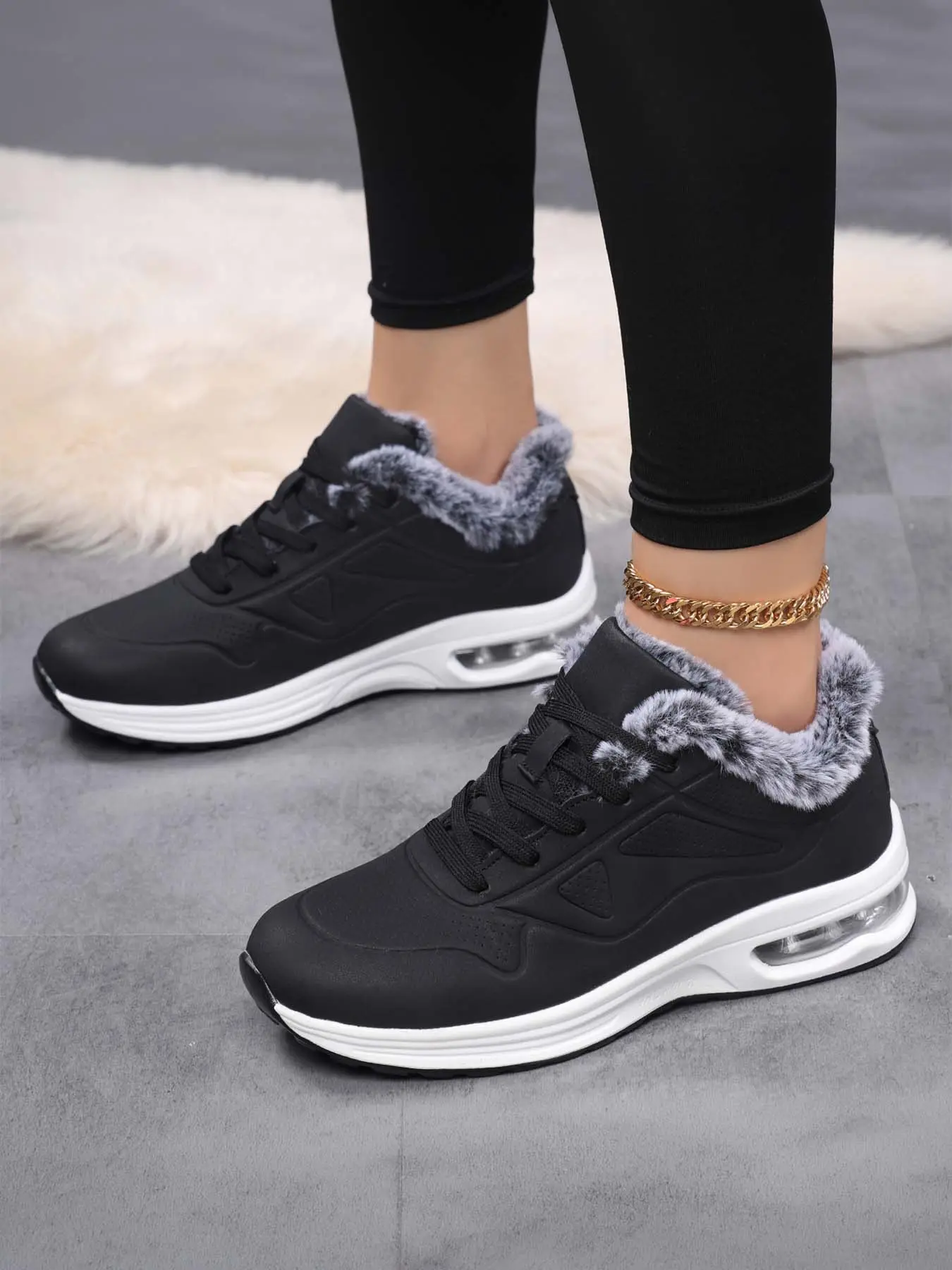 Women's Fleece Lined Air Cushion Platform Sneakers, Waterproof Leather Height Increasing Winter Warm Cotton Shoes, Non-Slip Lace-Up Fluffy Collar Casual Trainers