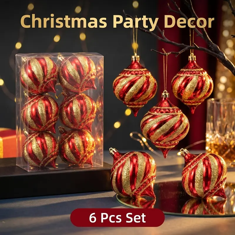 1 set /6pcs with red and gold Christmas ball spiral Christmas hanging decorations, home decoration tree ornaments-and the perfect choice for wedding handmade Christmas ball ornaments, winter wonders and home decoration holiday tree decorations.