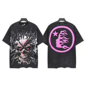 Men Women Summer Casual Short Sleeve Round Neck Vintage Washed Distressed Hellstar Graphic Tee Shirt, Trendy Gothic Skull Flame Splash Ink Retro Streetwear Fashion Design, Ideal Summer Clothes Birthday Halloween Christmas Thanksgiving Holiday Gift