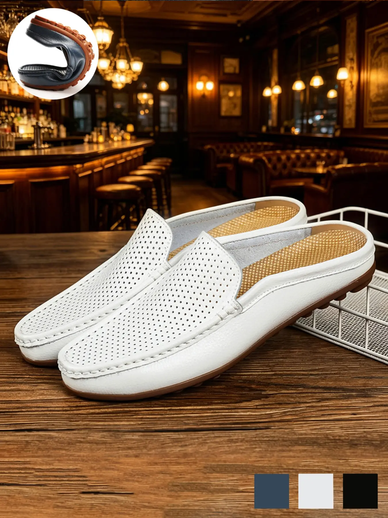 Men's Mules Backless Loafers, Perforated Hollow-Out Style, Breathable Lightweight Non-Slip, Slip-On Microfiber Leather, Plus Size, Summer Casual Wear Shoes