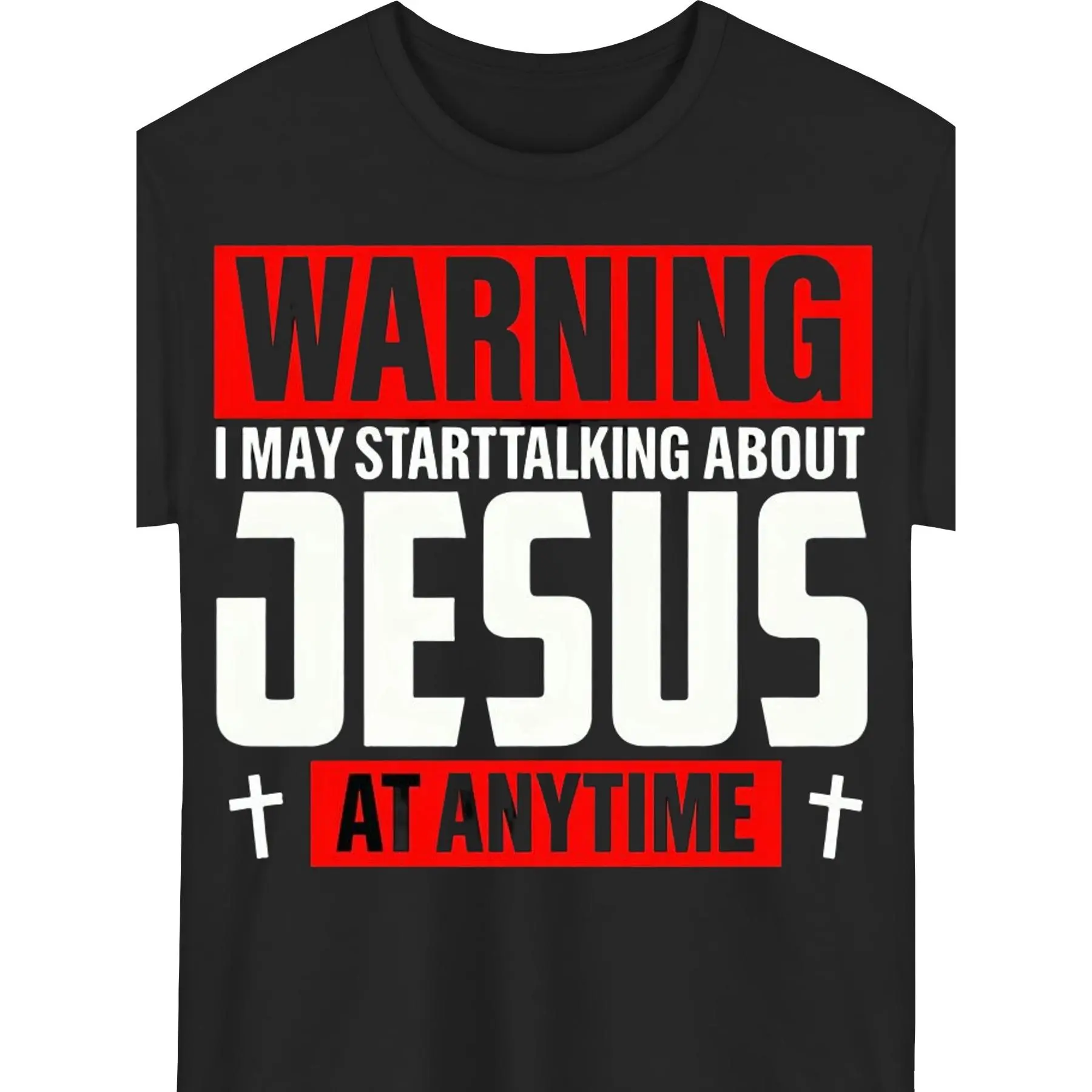 Men's Funny Christian Faith T-Shirt - Warning: I May Talk About Any Topic Anytime, Eye-catching Red and Patterned Graphic Tee Good Graphic Tees Humorous T-Shirt Men