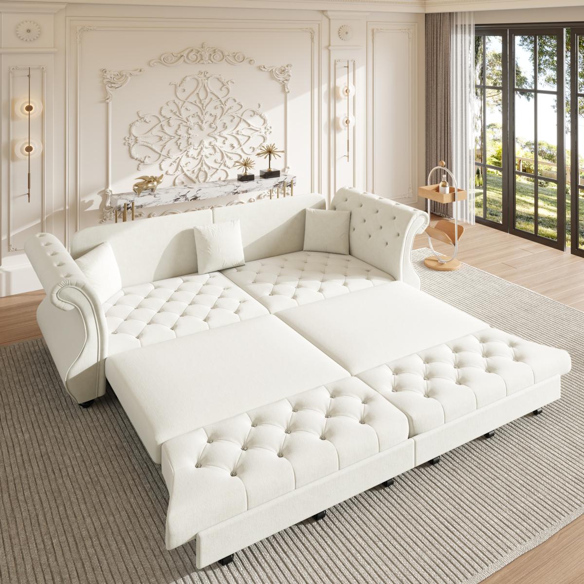 97.6" Oversized  Chesterfield Pull Out Sofa Bed, Classic Roll Arm Velvet Couch with Flower Tufting, Upholstery for Living Room/Bedroom/Apartment, Beige/White