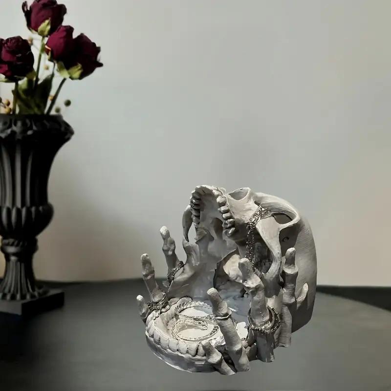 Skull Jewelry Storage Box - Gothic Halloween Decor with Multiple Compartments, Necklace Hooks and Liner - Resin Desktop Storage Box for Rings, Earrings, Necklaces - Artistic Home Decor Accessory