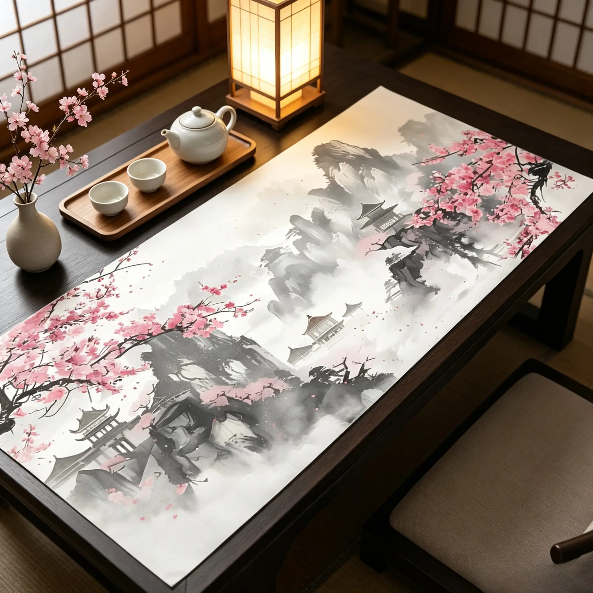 Oriental Ink Wash Mountain Cherry Blossom Extended Gaming Mouse Pad, Japanese Scenery Non-Slip Rubber Lock Edge Large Desk Mat, Aesthetic Zen Desktop Protector for Home Office Gaming
