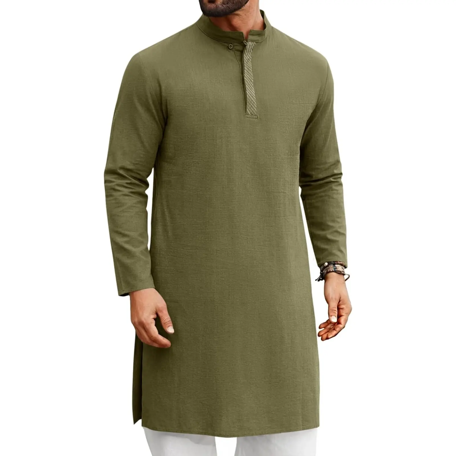 Runcati Mens Kaftan Thobe Button Down Casual Henley Shirts Long Sleeve Kurta Cotton Linen Muslim Gown Robe