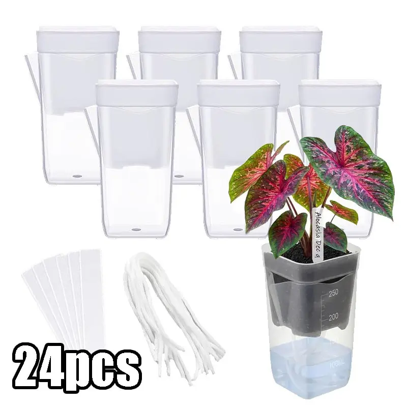 24Pcs Clear Self-Watering Planter Pots Large – Transparent Plastic Hydroponic Pots with Scale, Spout & Labels for Indoor Plants, Flowers, Seedlings TMZ