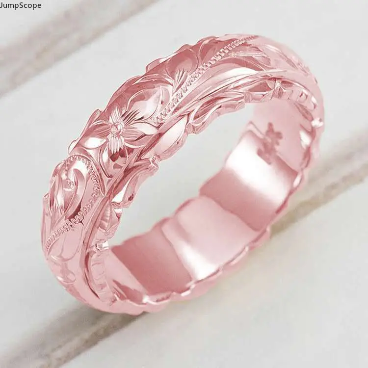 Women Hand Engraved Plumeria Floral Band Ring, Gold Rose Gold Silver Three-Tone Carved Flower Wedding Band, Vintage Textured Stackable Finger Jewelry for Anniversary, Engagement & Romantic Gift Giving