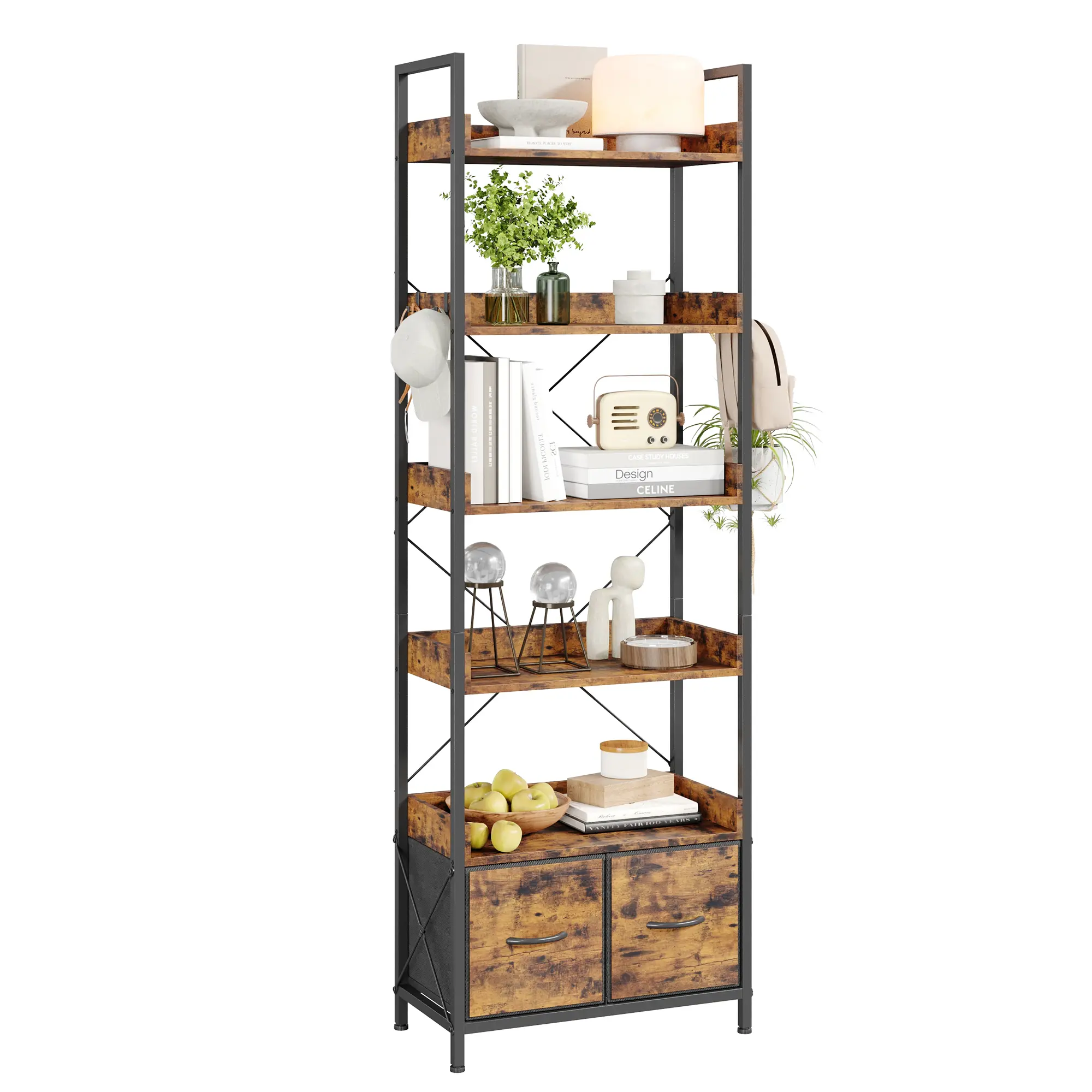 【GARVEE】6-Tier Minimalist Modern Industrial Steel-Wood Shelf, Adjustable Multifunctional Storage Display Rack with Vintage Fabric Drawer, Hangable Hooks, Space-Saving Freestanding Decor for Home Office, Black Iron Frame + Vintage Wood Board, Decorative