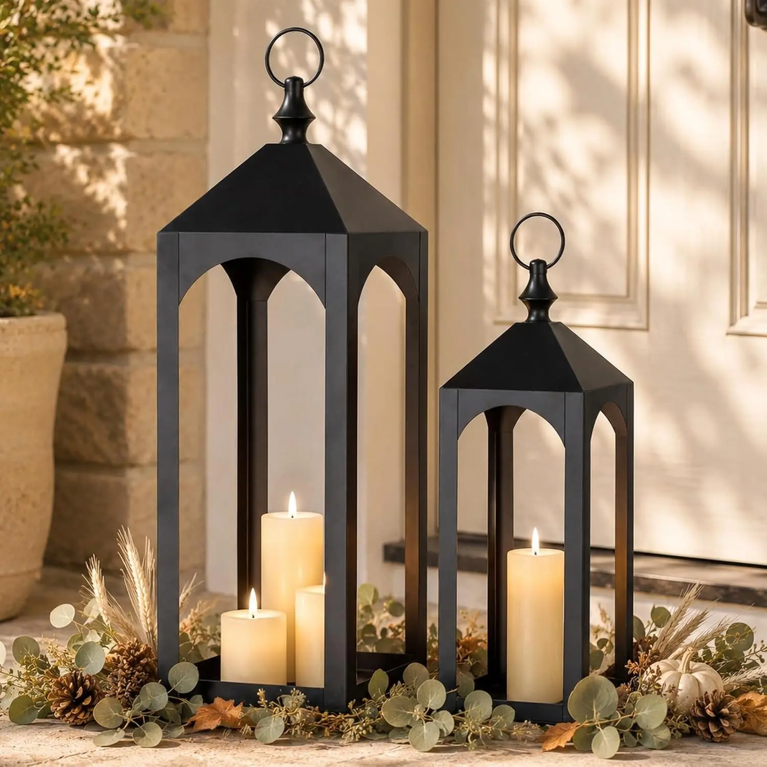 Large Outdoor Floor Lanterns Set of 2 - Tall Black Metal Candle Holders with Hanging Ring, Gazebo-Arch Design for Porch Patio Garden Mantel Indoor-Outdoor Decor, 24" & 17" Height