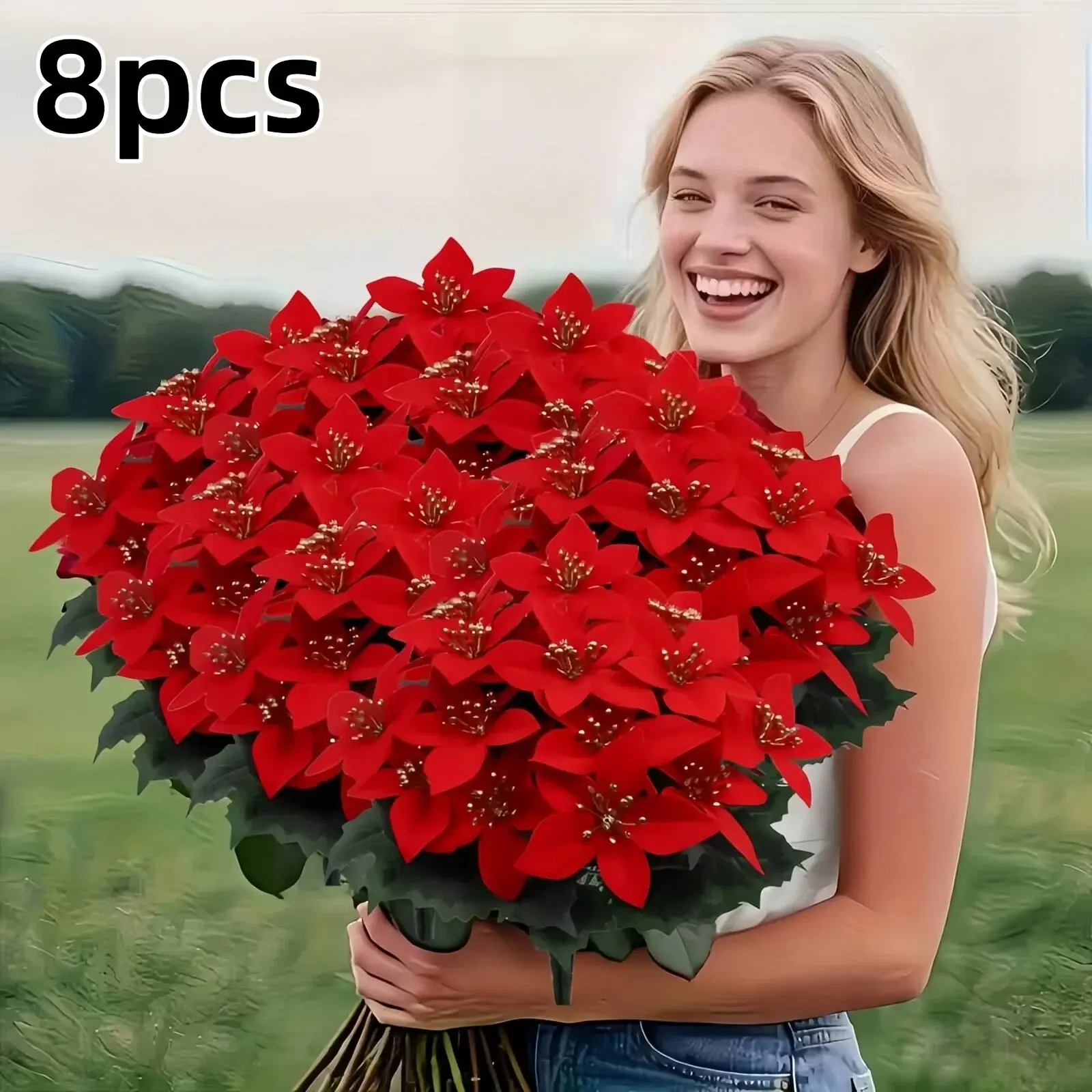 8pcs Realistic Poinsettia Flowers, 56 Blooms Christmas Tree & Home Decor, Indoor Outdoor Holiday Decoration, Durable Artificial Flowers