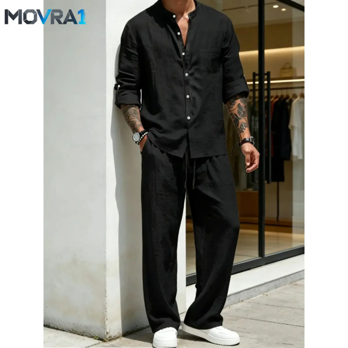 MOVRA1 Men's Stand Collar Long Sleeve Button Shirt and Tie Waist Pants Set, Lightweight Business Casual Formal Resort Style, Men's Wardrobe