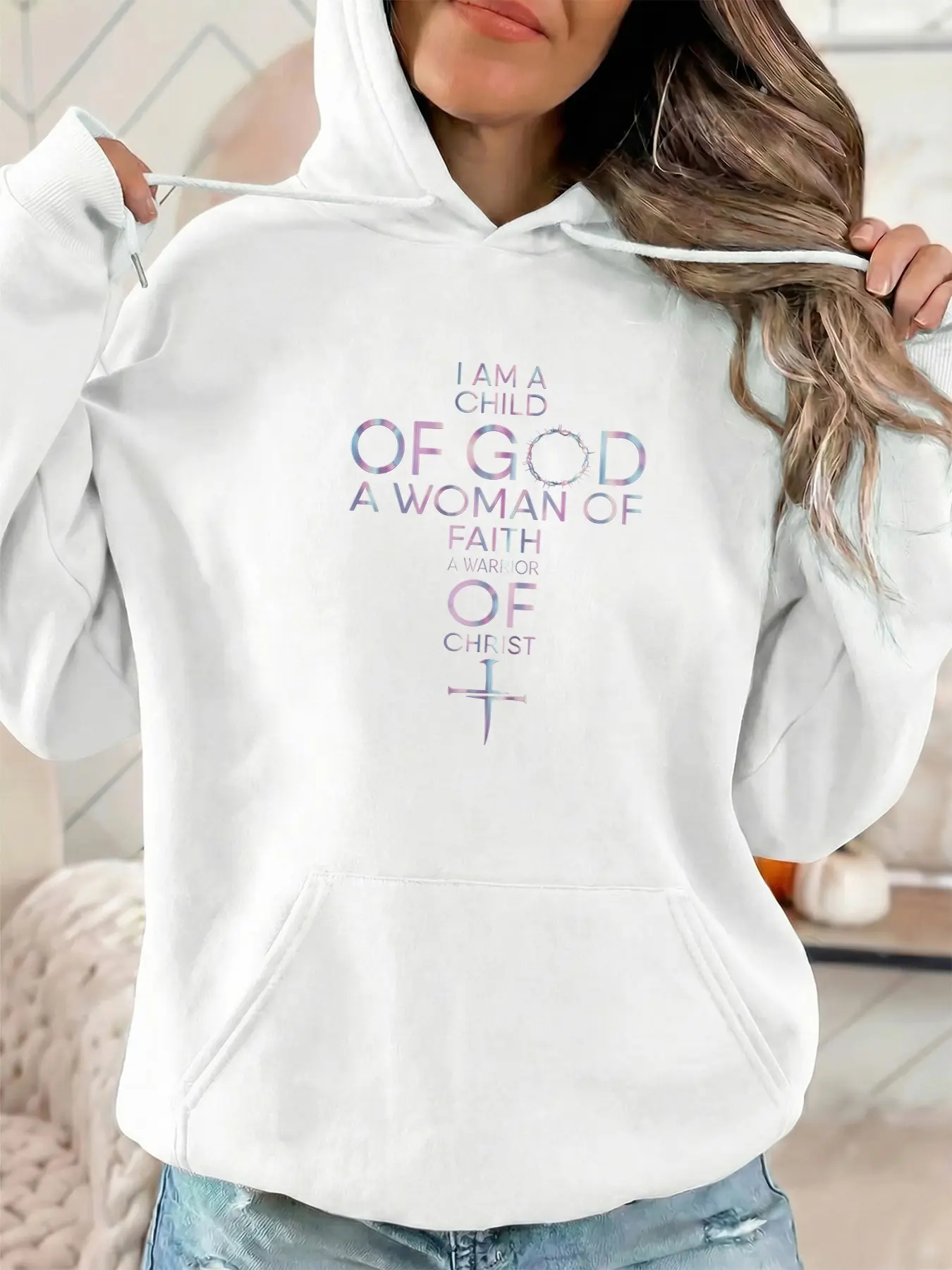 Women's fashionable hooded sweatshirt in colorful design. IAMA, CHILD OF GOD, AWOMAN OF FATE, WARRIOR OF CHRIST. The letters are printed with patterned designs. Drawstring kangaroo pockets. Fall and winter casual sportswear sweatshirt. Suitable for casual