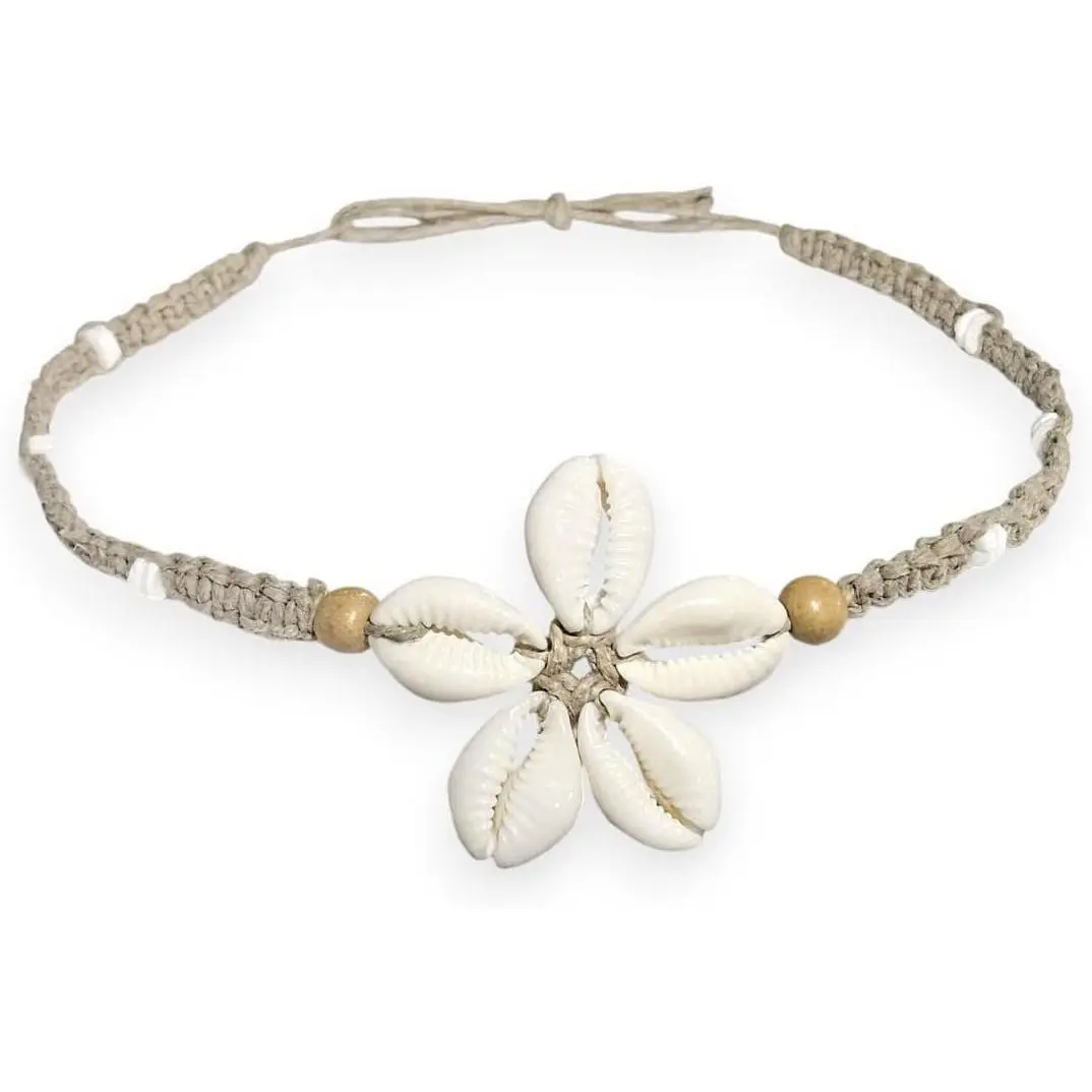 Cowrie Shells Flower on Hemp Choker Necklace