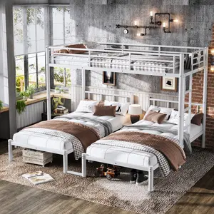 [Bellemave] L-Shaped Triple Bunk Bed, Detachable 3 Twin Metal Bed with Full Guardrails for Bedroom