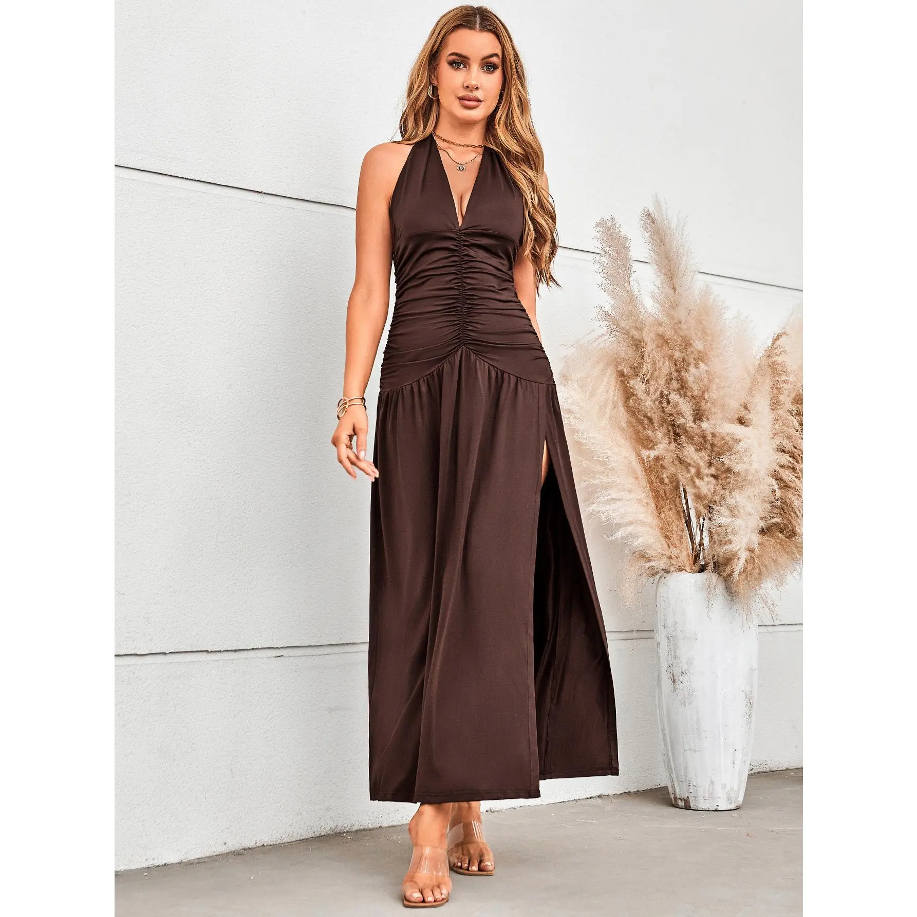 High Slit Ruched Sheer Sleeveless Low Cut Halter Maxi Dresses, Summer Cocktail Dresses