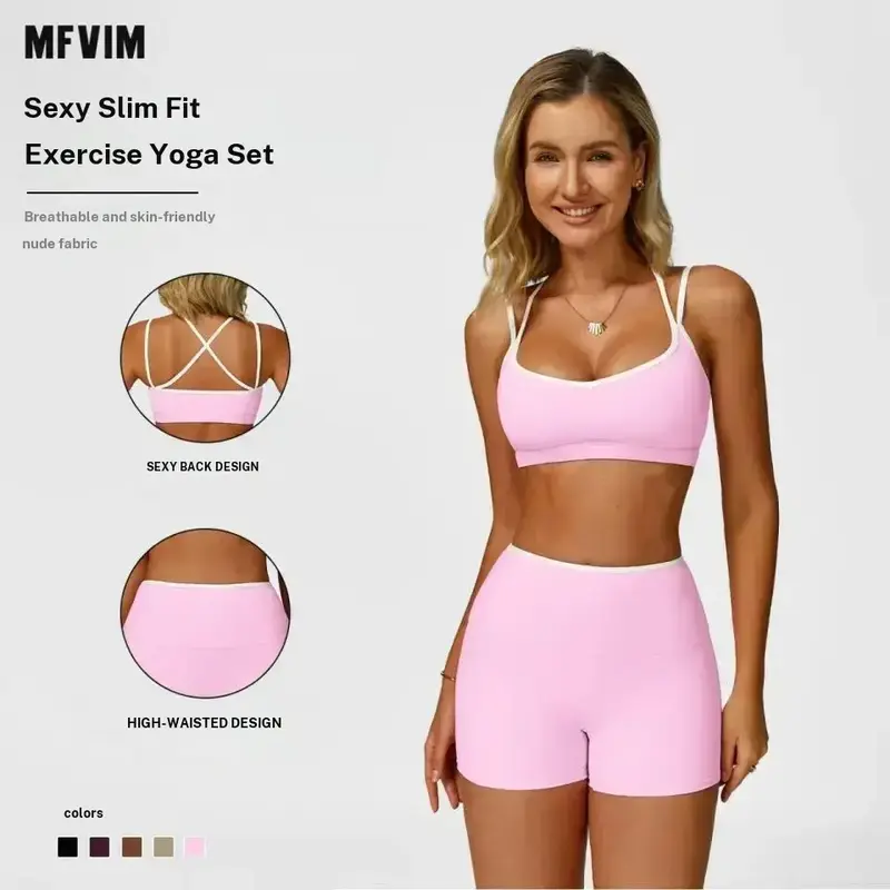 MFVIM Women's 2-Piece Solid Backless Crop Cami & Skinny Shorts Workout Set - Sleeveless Stretchable Gym Activewear, All Seasons 2-Piece Match Set for Indoor Gym & Outdoor Travel, Travel Essentials