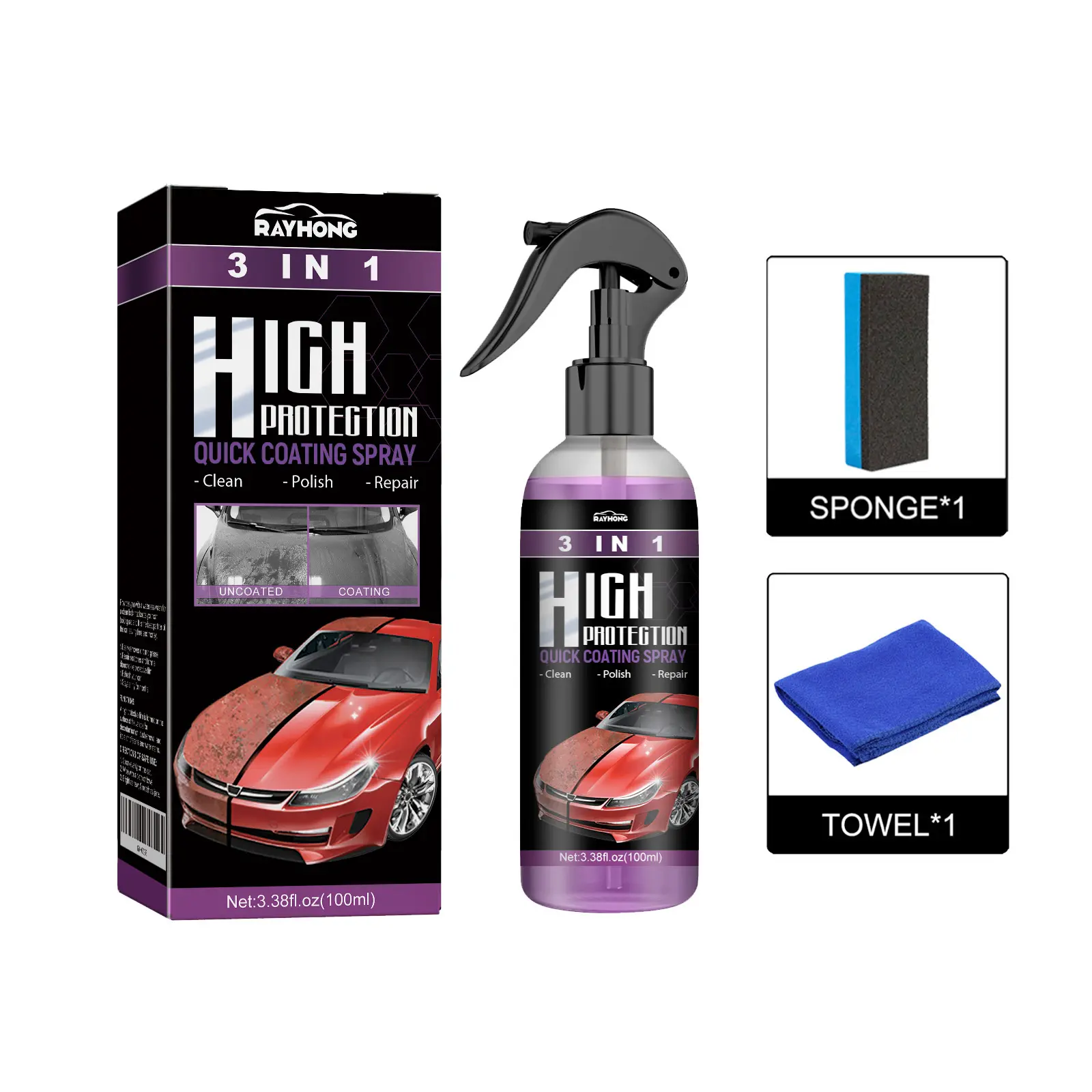3-in-1 Multi-Purpose Car Cleaner and Polish Spray, Exterior Detailing Paint Coating with Tetrafluoroethylene for Longer Luster, Protect and Restore Polishing State
