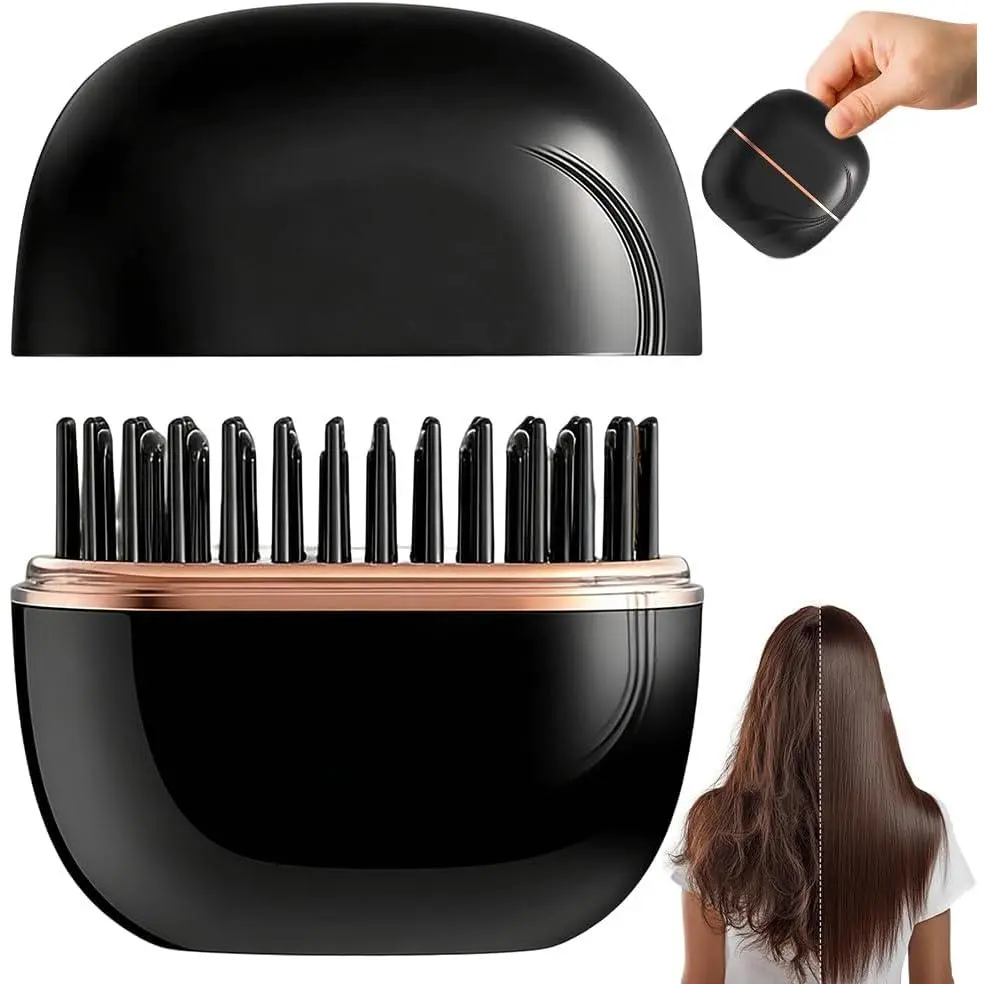 Mini Hair Straightener For Women, 2 in 1Cordless Rechargeable Fast Heating Portable Hair Straightener Comb with Mirror & 3 Temp Settings & Anti-Scald Shell, Perfect for Home Travel Use,Rechargeable Wireless Portable Hair Straightener Brush (Black)