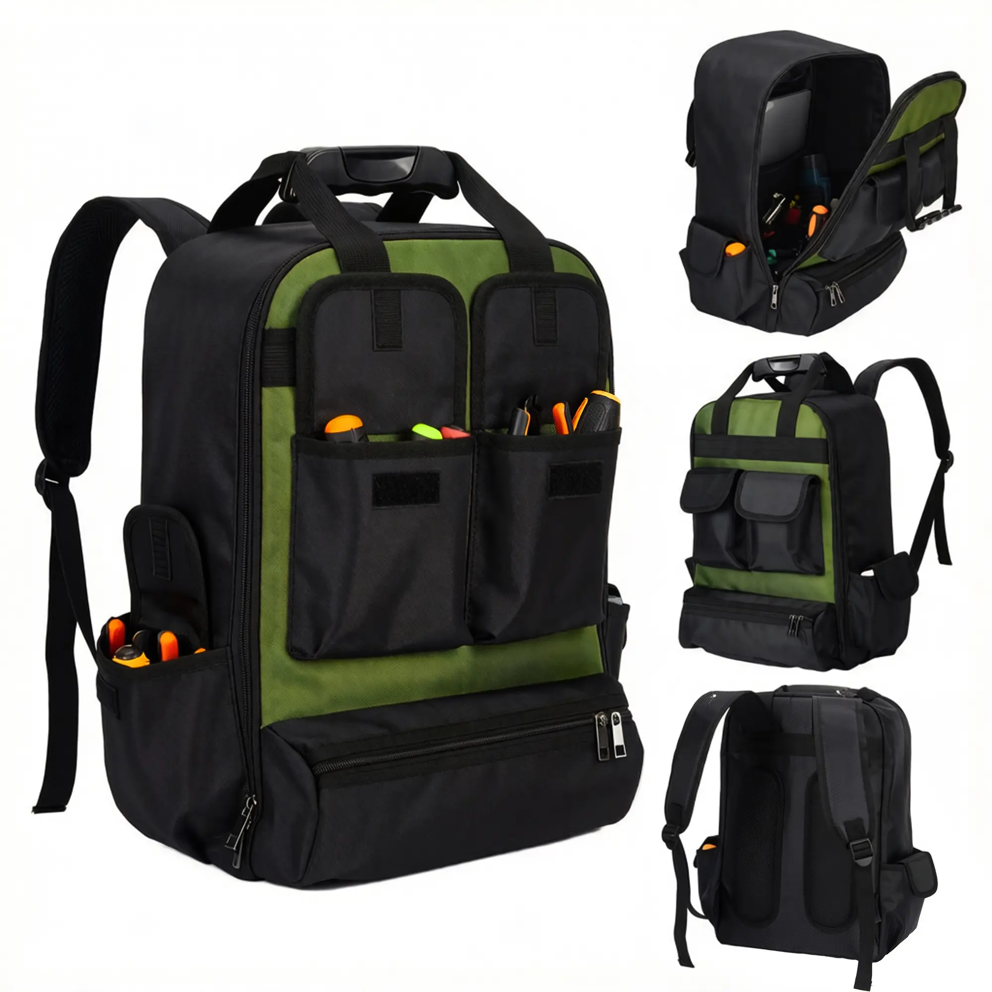 Garvee Heavy Duty Tool Backpack Organizer – 18" Waterproof Tool Bag with Molded Hard Base, Multiple Pockets, Laptop Compartment, Shoulder Straps – Ideal for Electricians, Mechanics, HVAC Techs, Contractors – Black and Green