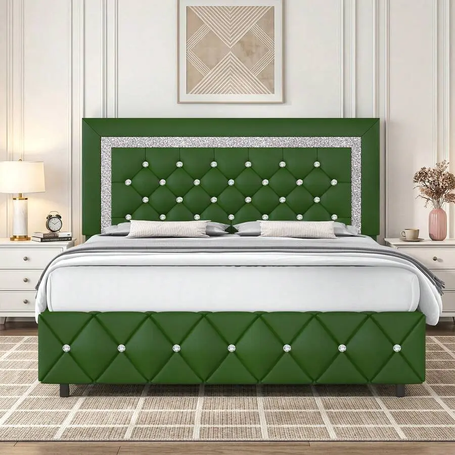 Upholstered Platform Bed Frame with Diamond‑Tufted Headboard & Footboard, Twin/Full/Queen/King Size, 7 Color Options‑Pearl White, Beige, Black, Grey, Pink, Purple, Green, Pu Leather, Modern