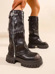 Vintage Thick Sole Mid-Calf Boots with Buckle and Side Zipper, All-Season Motorcycle Boots, Slimming and Versatile Knight Boots