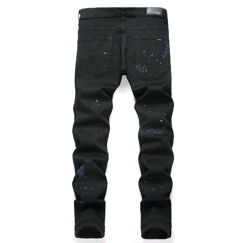 European and American High Street Black Cross Badge Rhinestone Distressed Jeans Men's Slim Fit Casual Long Pants Trendy Brand Streetwear Menswear