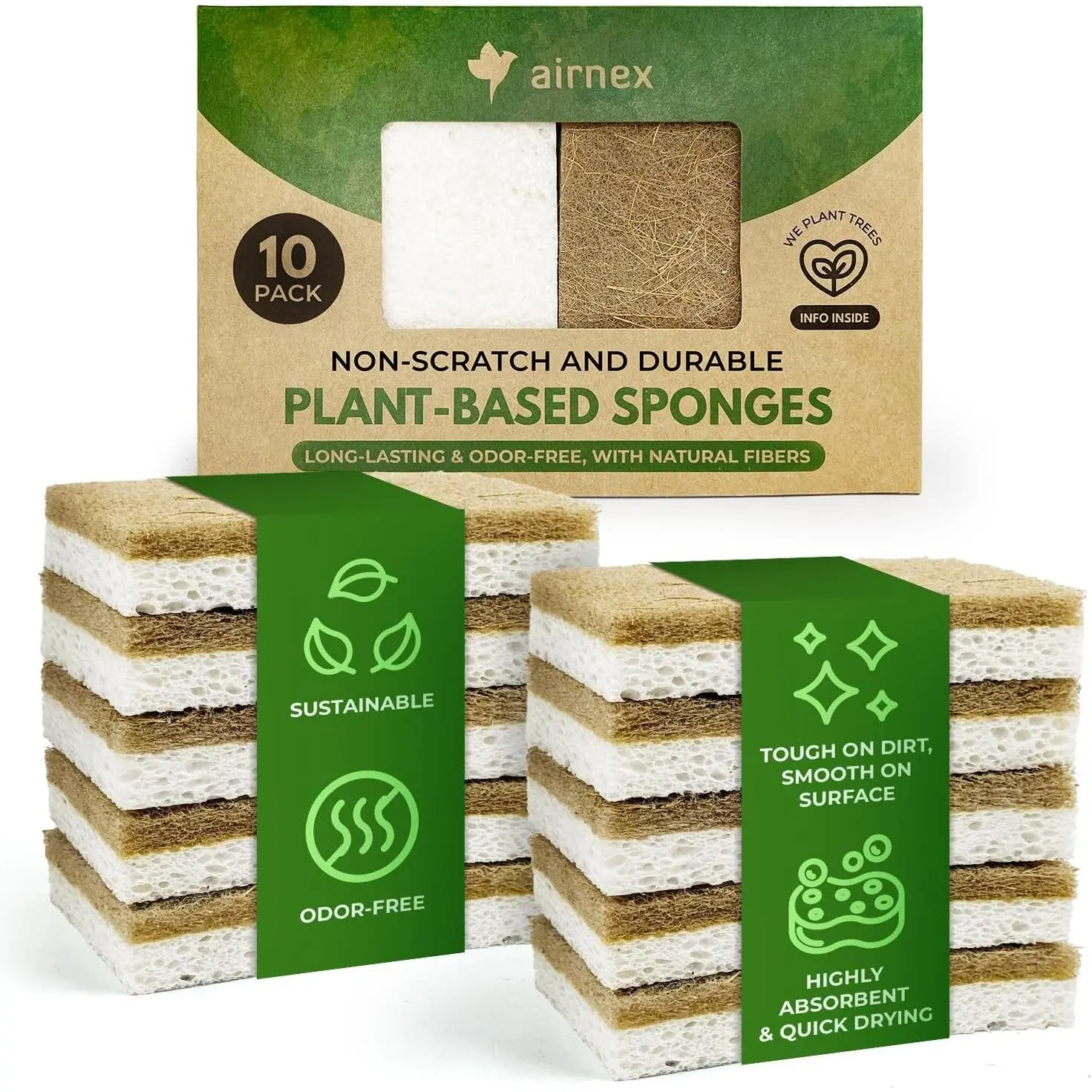 10-Pack Biodegradable Natural Kitchen Cleaning Sponges - Compostable Cellulose, Coconut Walnut Scrubber - Eco-Friendly Dish Sponges, Wipe