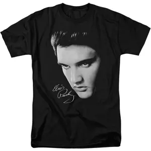 Elvis Presley - Fan-Tastic Face & Signature - Adult T-Shirt Elvis Presley Black & White Portrait with Signature Graphic Tee Men’s Vintage Rock Short Sleeve Crew Neck Casual Top