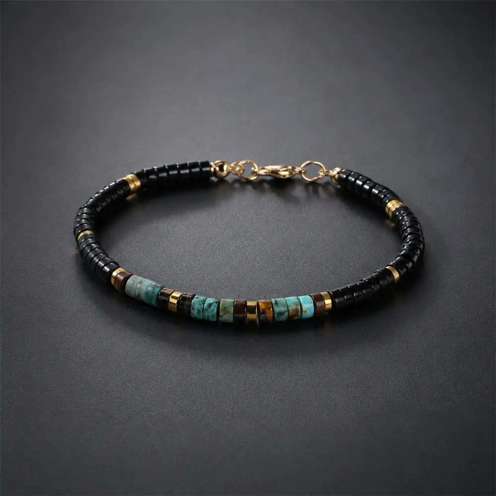 Men's Stretch Fit Beaded Bracelet with Mixed Natural Stones - Tiger's Eye, Turquoise, Lapis Lazuli & Agate - Casual Daily Wear Jewelry, Mixed Stones, Plastic Alloy, Beading Band