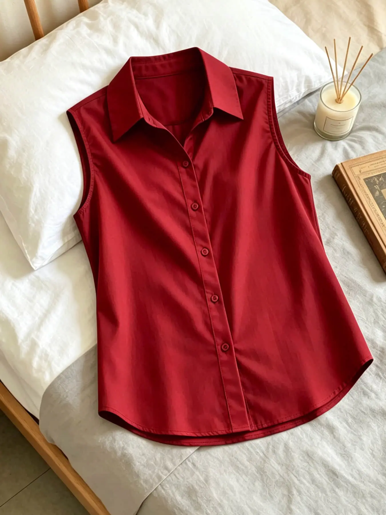 A fashionable Minimalist women's collared sleeveless shirt Basic Top Blouse with a single breasted hanging top for casual commuting, suitable for summer office commuting, outdoor picnicking, vacation travel