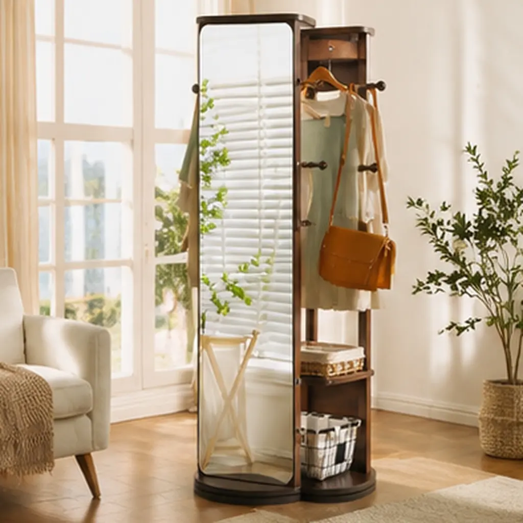 ARCH Solid Rubberwood Rotating Full-Length Mirror Cabinet Freestanding Jewelry Armoire with Hooks and Shelves, Walnut Finish, 360° Swivel Floor Standing Storage Organizer for Bedroom Closet Dressing Room, Classic Style, Walnut Color Options