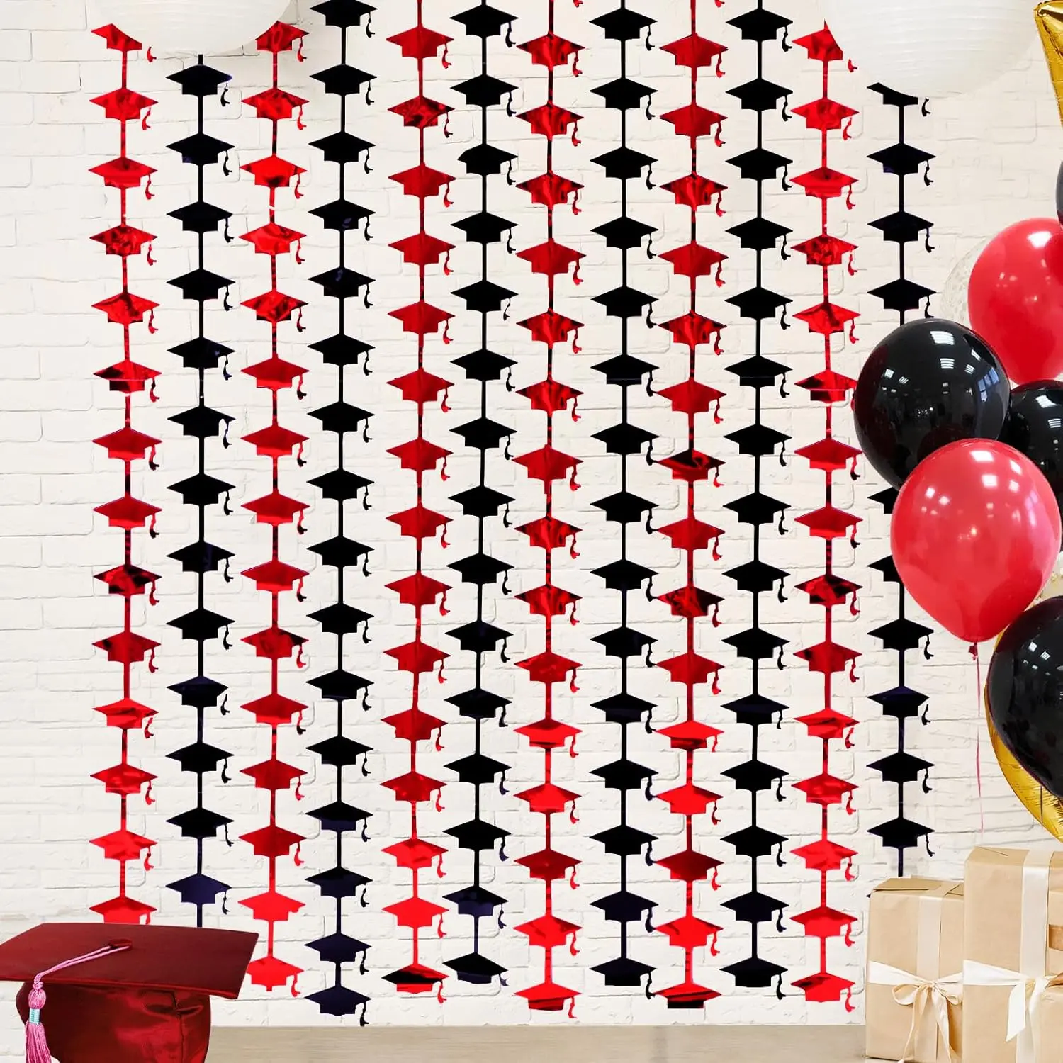 Red and Black Graduation Decorations 2026, 2 Pack Foil Fringe Curtain 3.3x6.6 ft Metallic Tinsel Backdrop Streamers, Red Congrats Grad Photobooth Props Class of 2026 Party Decors Supplies