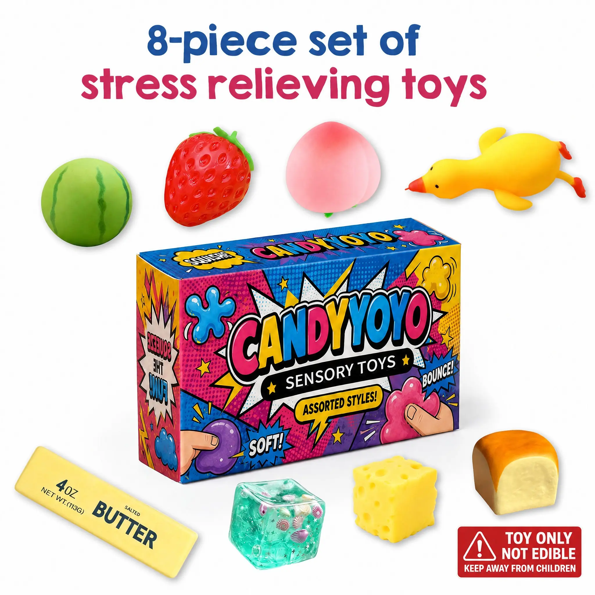 8-Piece Sensory Stress Relief Toy Set, Candyyoyo Squishy Gift Box, Soft Rebound Fruit Animal Shapes, Anxiety Relief, Anxiety Fidgets, Birthday Present