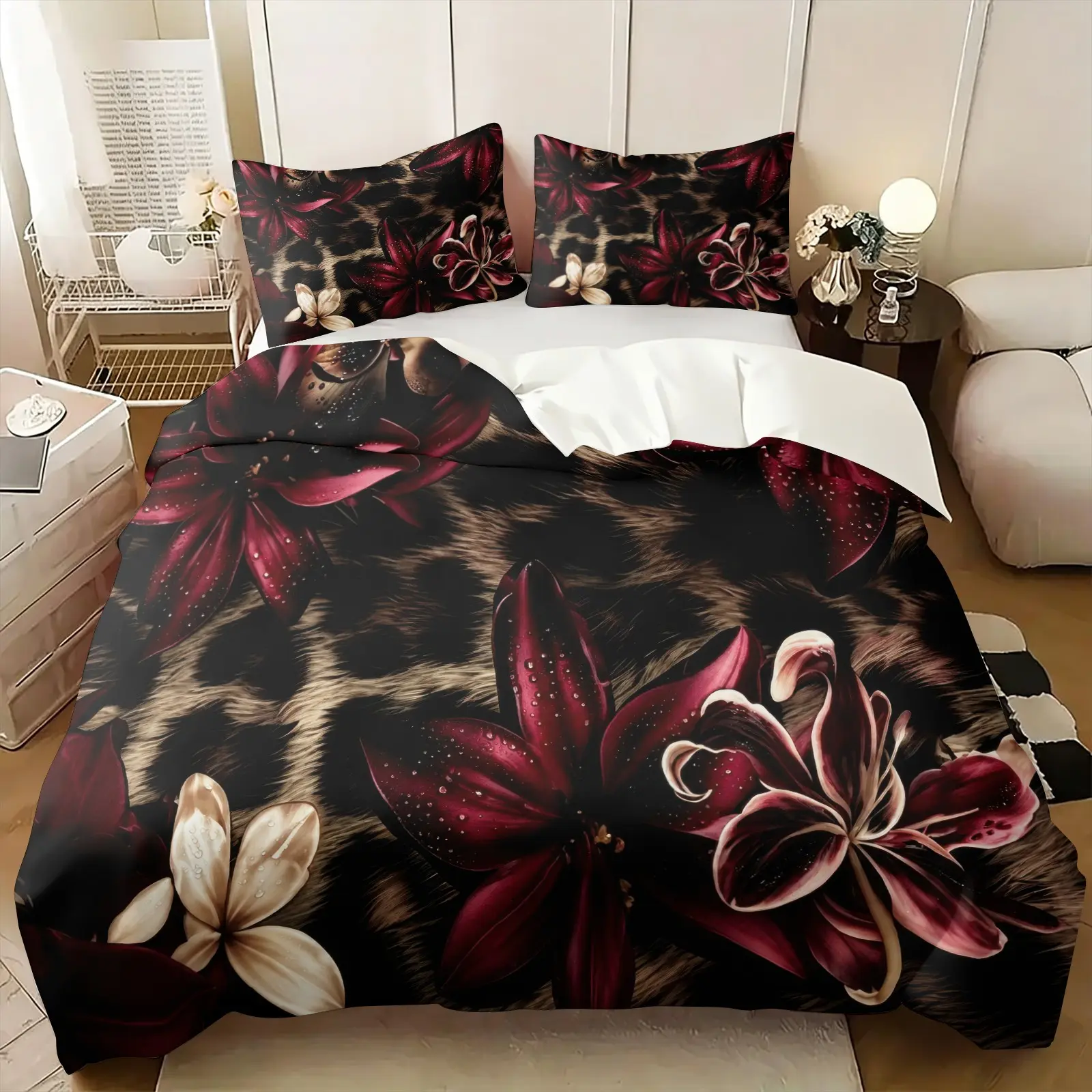 Dark Leopard Print Burgundy Lily Floral Bedding Set, 1 Duvet Cover + 1/2 Pillowcases, HD Digital Printing Rich Vivid Flower Pattern, Soft Comfortable All Season Microfiber Bed Linen, Gothic Aesthetic Room Decor for Girls Teens