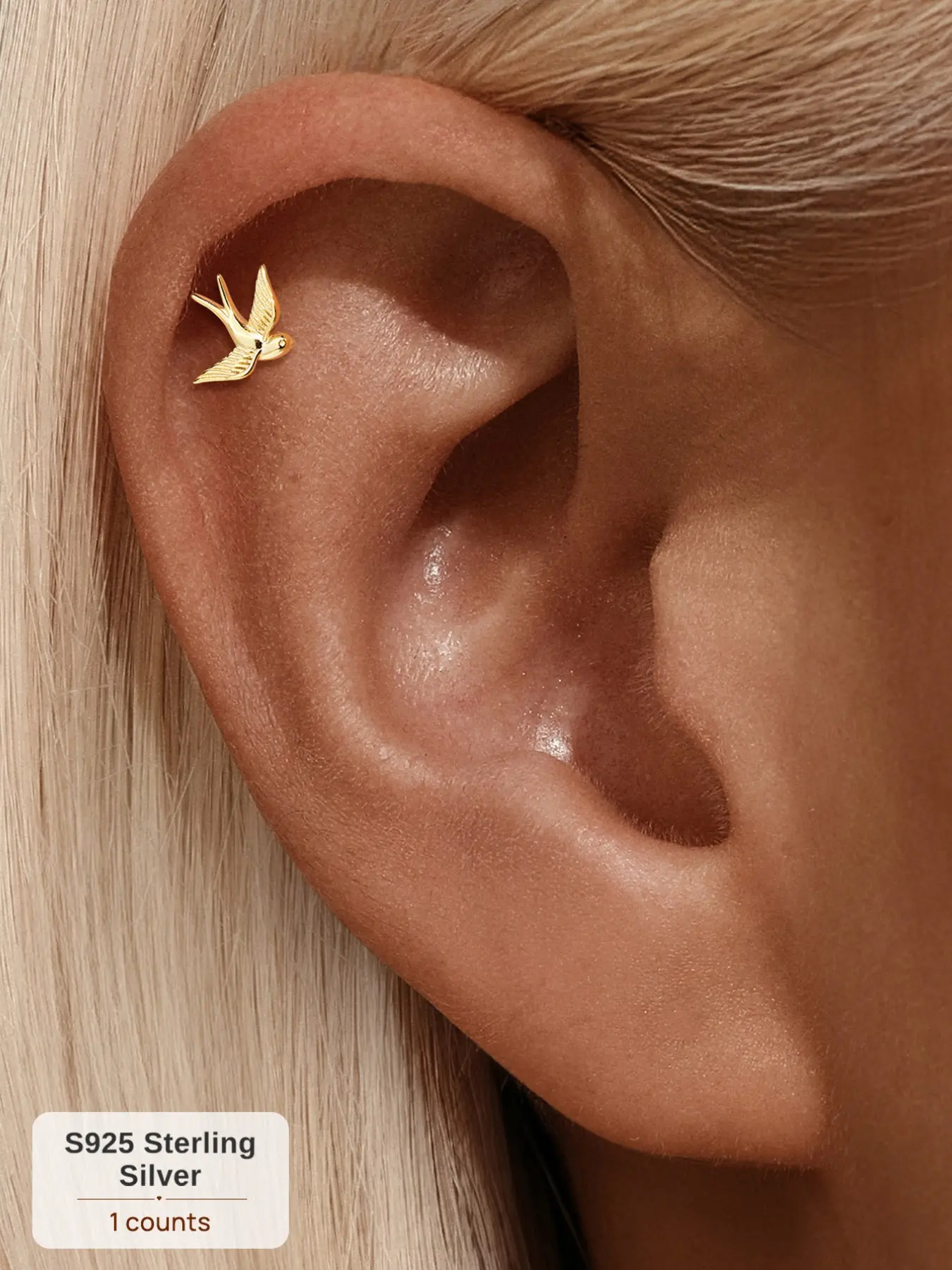 18K Gold Plated S925 Silver Flat Back, 1Pc Hypoallergenic Tarnish Free Polished Swallow Freedom Bird Threaded Cartilage Piercing Stud, Perfect Birthday Mother’s Day Christmas Gift for Men Women Wedding Set