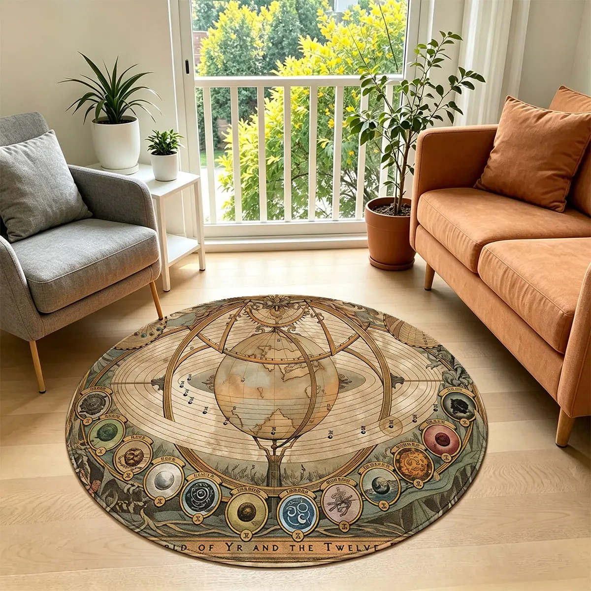 Vintage Antique Astrolabe & 12 Zodiac Signs Round Rug, Old World Medieval Astronomy Map Circular Floor Mat, Non-Slip Washable Area Rug For Bedroom Study Living Room Decor