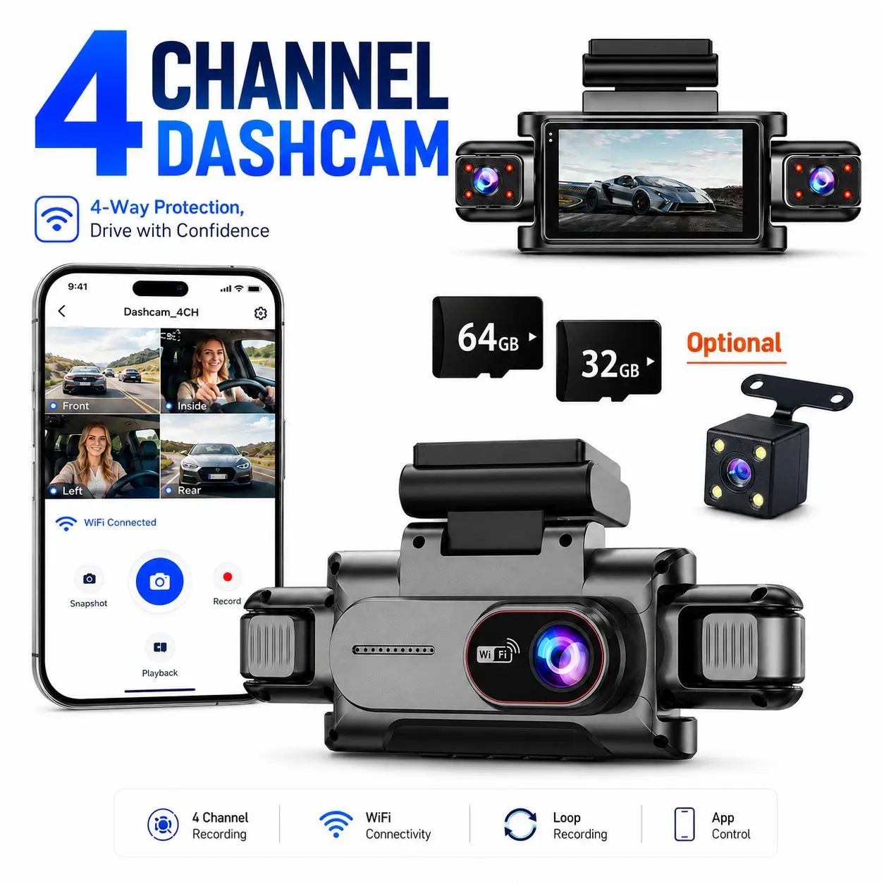 360° 4 Channel Dash Cam, Front Rear Left Right Inside Camera for Cars, 5G WiFi Night Vision WDR, 24H Parking Mode, Wide Angle Dash Camera, Includes 64GB Card