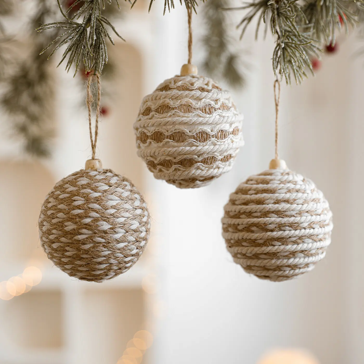 8cm Natural Twine-Wrapped Foam Hanging Balls - Small Size Indoor Recreation Rustic Look Decor, Linen Cotton Rope Ornaments for Christmas Tree, Eco-Friendly Vintage Holiday Decorations Crafts