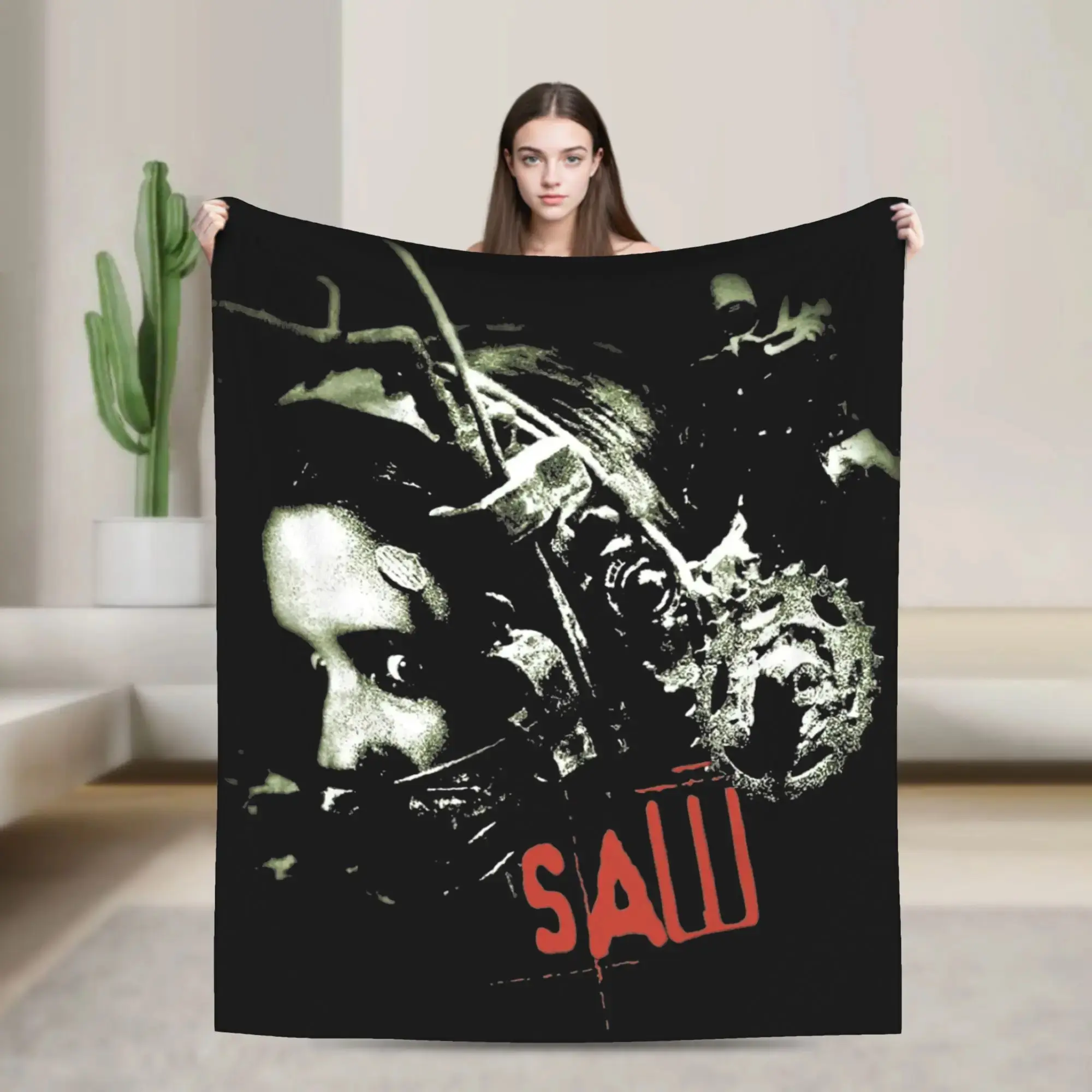 [Ideal Halloween Choice]Saw Horror Movie Blanket Cover Funny Halloween Jigsaw Flannel Throw Blankets Home Couch Printed Soft Warm Bedspreads Breathable