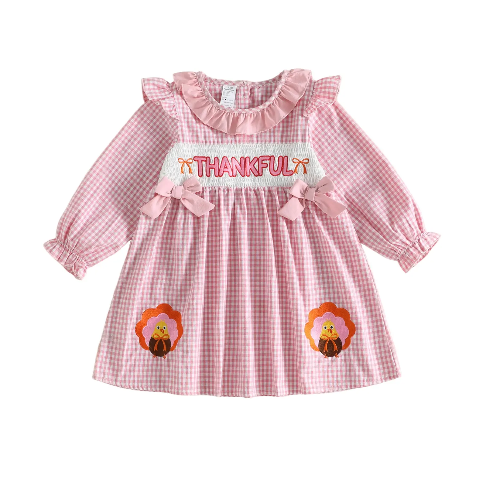 Toddler Baby Little Girl Thanksgiving Dress Long Sleeve Embroidered Turkey A Line Plaid Dress Fall Winter 1-6 Years