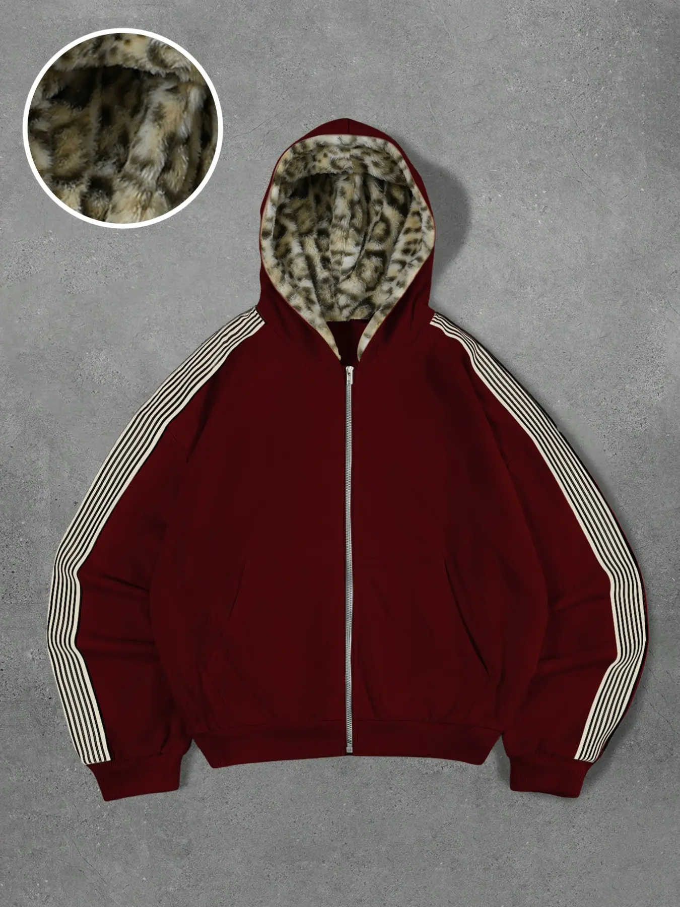 men zip up hooded jacket with leopard fleece lining side stripe detail retro street warm outerwear