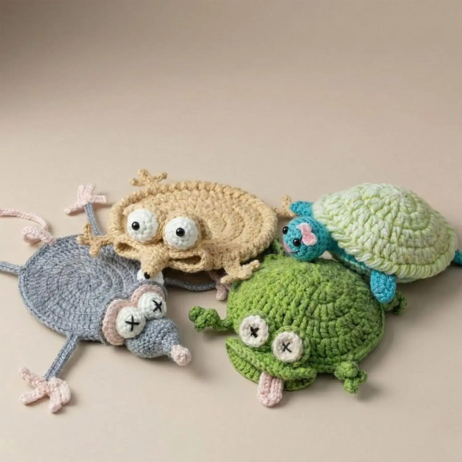 4pcs Handmade Crochet Animal Coasters Suitable for Home Kitchen Table Decor - Thick Absorbent Suitable for Home Kitchen Drink Coasters with Stuffed Animal Shapes (Cats, Rabbits, Bears) - Soft Mug Rugs, Unique Housewarming Gift for &
