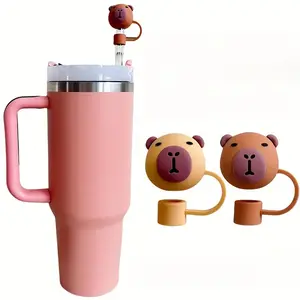 Set of 2 - Adorable Cap Protectors Shaped Like Capybaras - Durable PVC Dust-Proof Additions for Sports Cups, Vibrant Pink And Brown Party Gifts, Perfect Fun Presents for Friends on Birthdays, Picnics, And Outdoor Activities