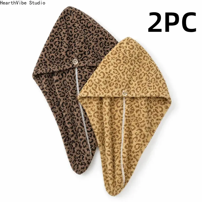 Women's Unisex Animal Print Microfiber Cotton Hair Towel Wrap Turban 2pc, Button Fastening, Super Absorbent Anti-Frizz for Curly Thick Wet Dry Hair, Gym Showers to Spa Visits Ready Sports Accessory